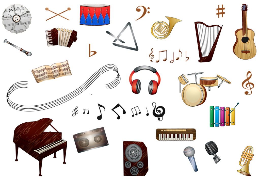 Grafik przedstawia różne instrumenty muzyczne w wesołej kolorystyce